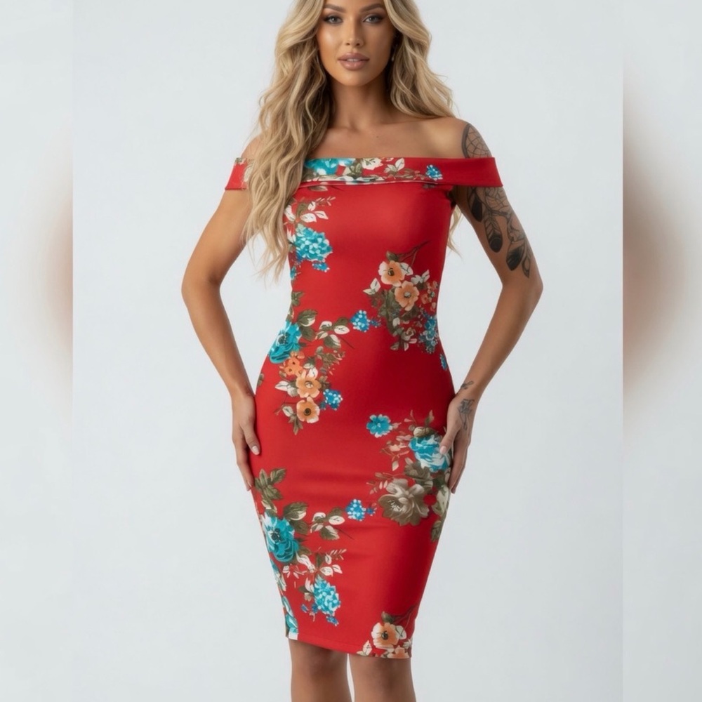 NWT LOVE CULTURE Midi Dress Cut Out Back Off Shoulder Floral Coral Orange Small